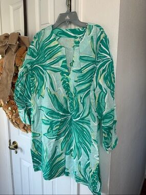 Lilly Pulitzer Linen Marco Island Tiger Palm Long Sleeve Tunic Sz Sm Top EUC